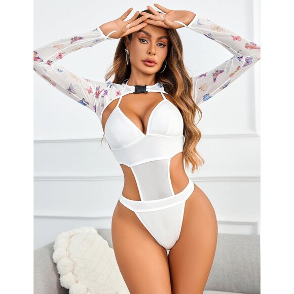 Women White 1 Festival Sexy Lingerie Bodysuit Buckle Shrug Crop Top Set Outfits - Picture 3 of 7